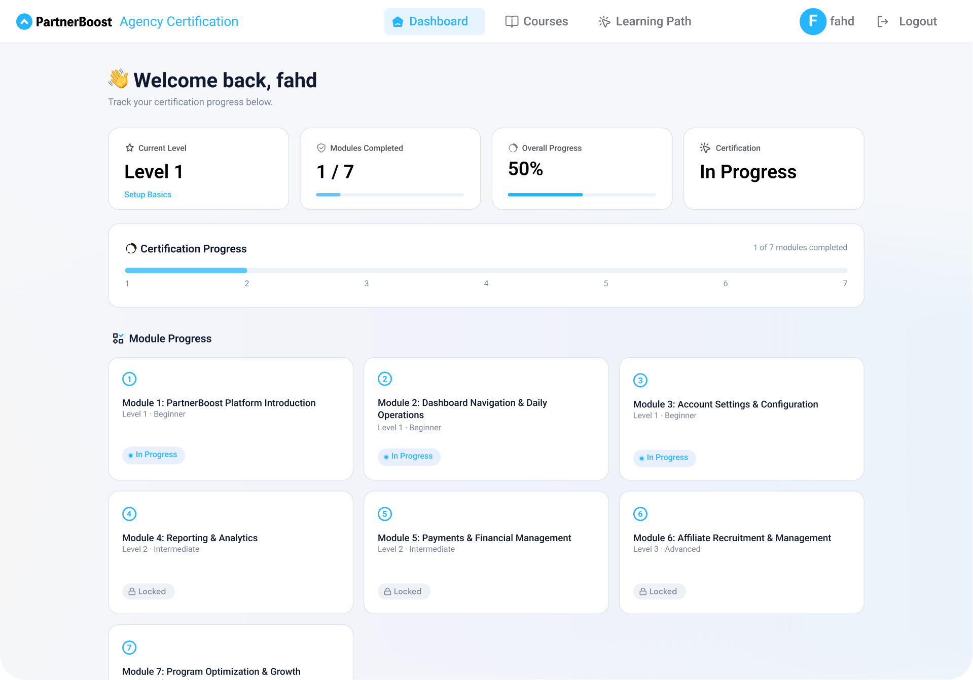 Vorschau auf das Dashboard zur PartnerBoost-Agentur-Zertifizierung