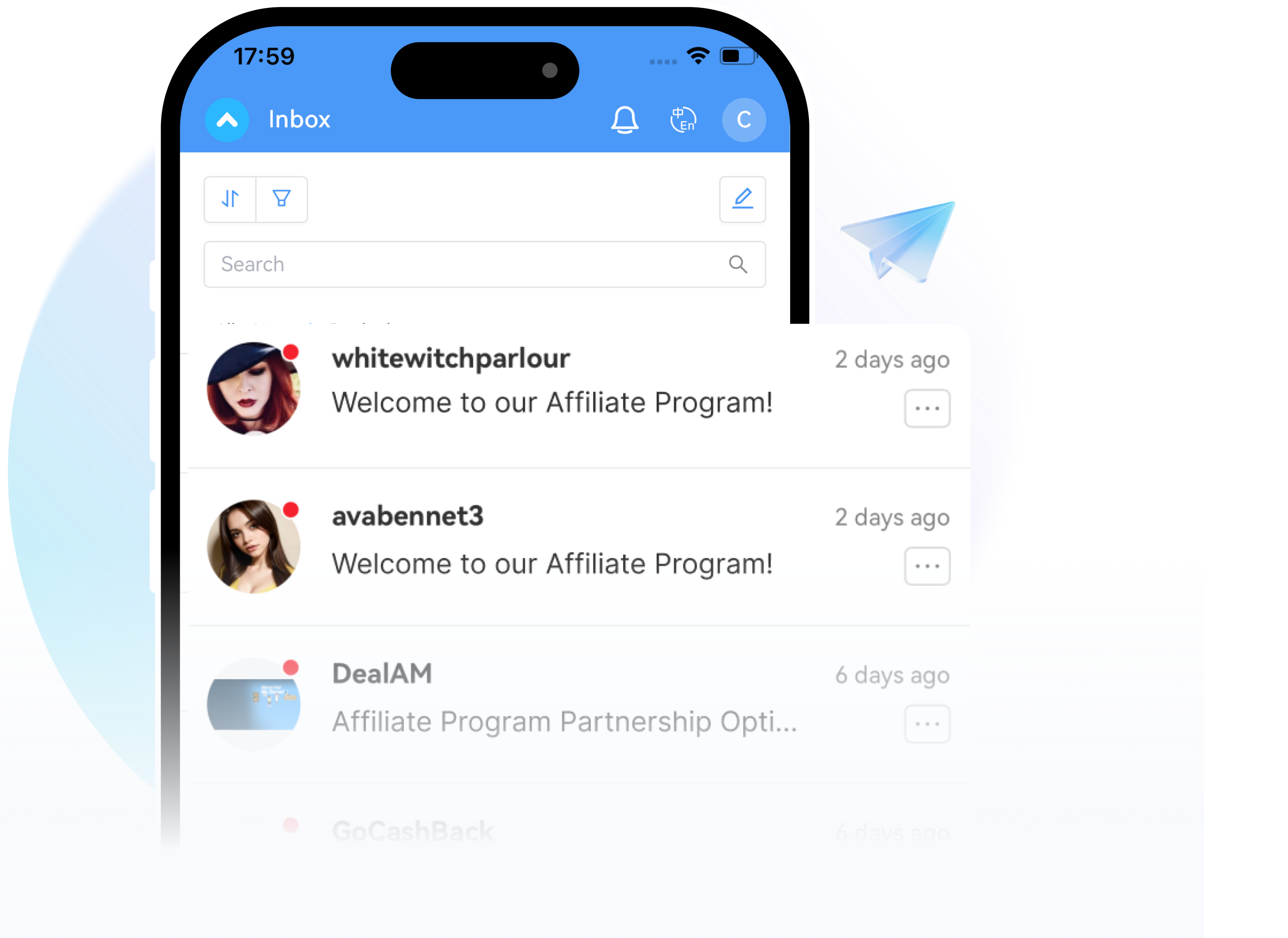 PartnerBoost-App: Nachrichten- und Betriebsbildschirme